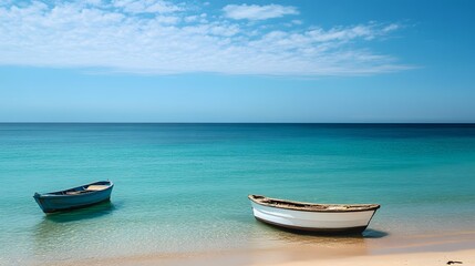 Naklejka premium A quiet beach with small boats floating in the calm turquoise water