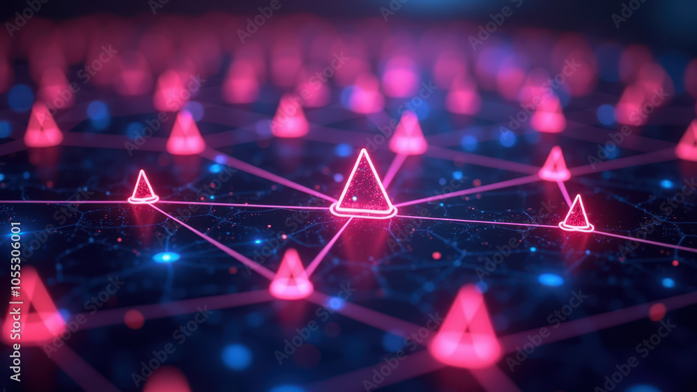 Poster a vibrant digital abstract with a grid of interconnected red triangles on a glowing blue background.