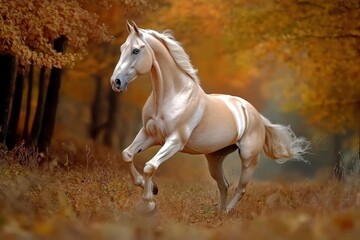 Cremello Horse Trotting in Autumn Forest: Blue-eyed Stallion in Motion
