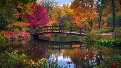 Autumnal Bridge Over a Serene Pond