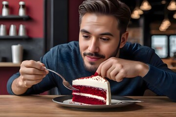 A young man is eating a red velvet cake slice. 