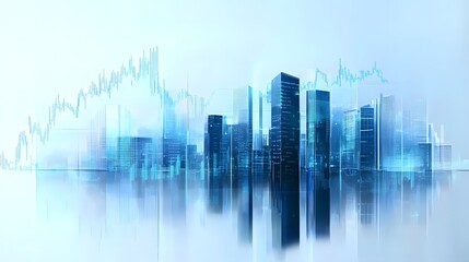 Digital Economy Visualization in Urban Setting Featuring Skyscrapers with Data Lines, Reflective Glass and Metal, Highlighting Financial Market Trends and Economic Progress in Blue Gradient Tones