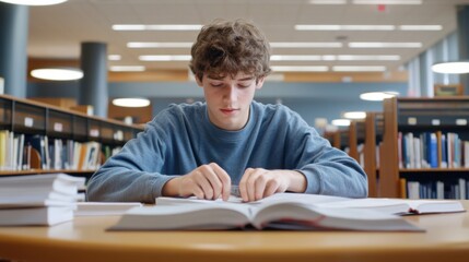 Young student studying diligently in a quiet library setting.