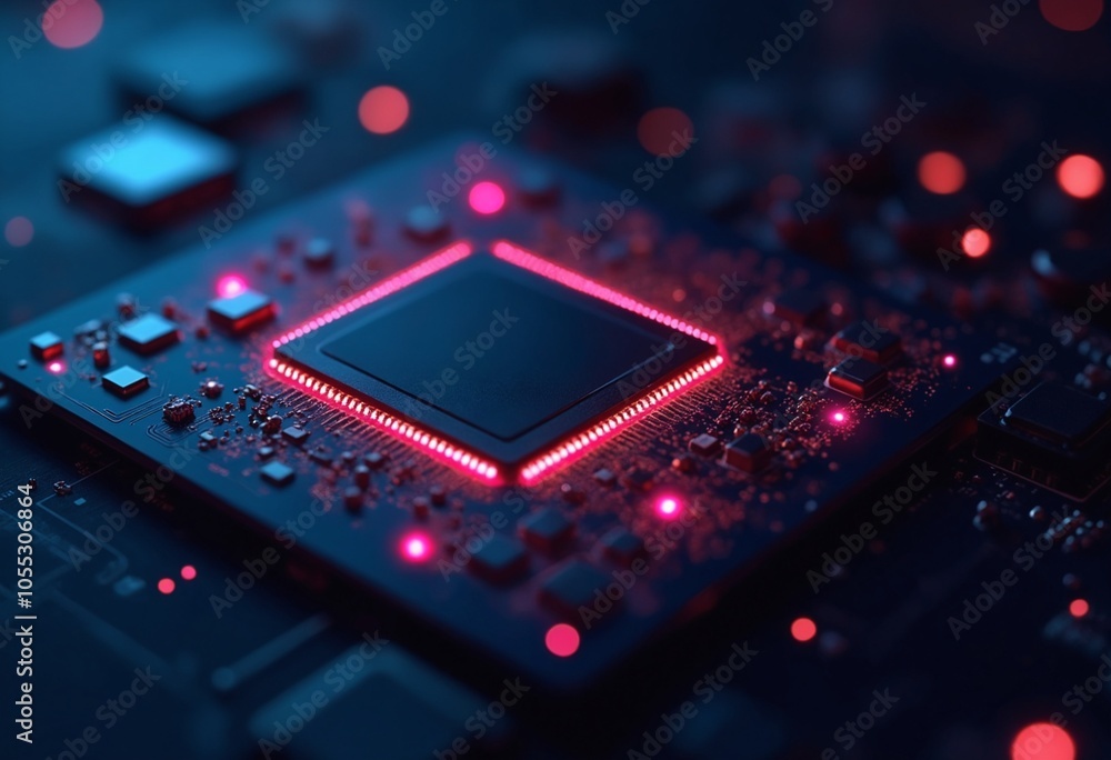 Aufkleber Digital Chip with Integrated Neural Network Elements - Futuristic Deep Learning and Data Processing Concept with Neon and Dark Tone