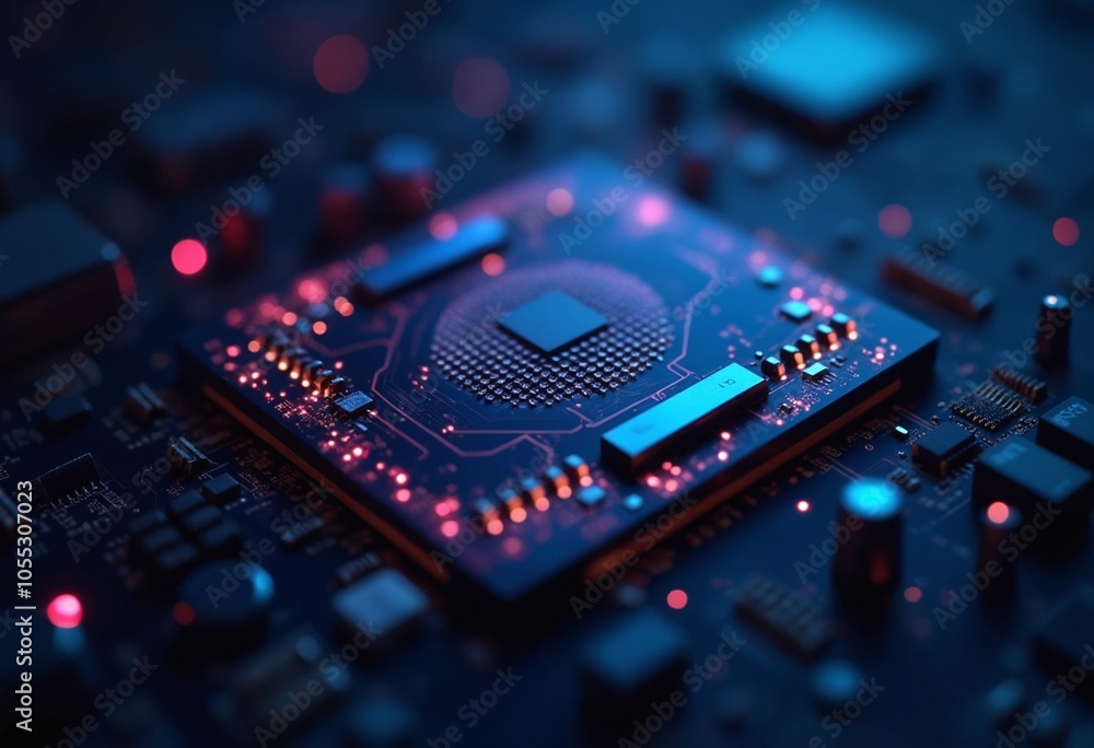 Fototapete digital chip with integrated neural network elements - futuristic deep learning and data processing 