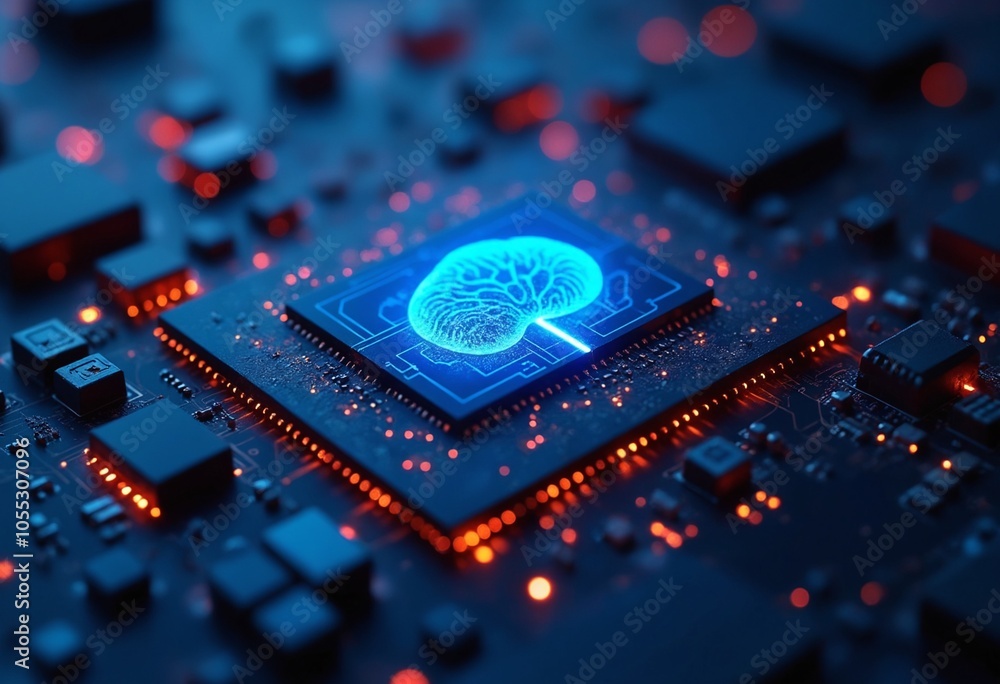 Poster digital chip with integrated neural network elements - futuristic deep learning and data processing 