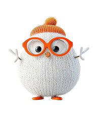 3d cartoon of a cute snowman wearing a knitted orange hat and orange glasses on transparent background