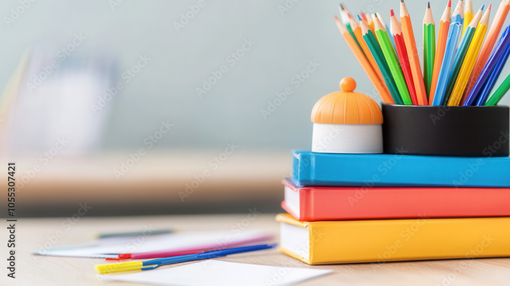 Poster colorful stationery items stacked neatly, featuring vibrant pencils and notebooks, creating organize