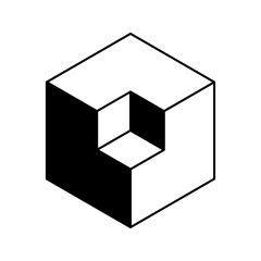 Cube logo, geometric vector design. Black and white Box logotype company, trendy techno emblem in isometric 3D style.