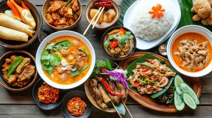 Spicy Green Curry Dishes on Rustic Wooden Table