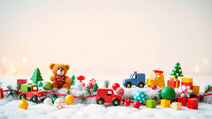 Fototapeta premium Festive holiday decorations with colorful toys and ornaments on a bright white background, capturing the spirit of Christmas cheer