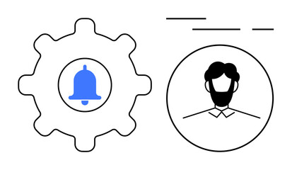 Gear with blue bell icon signifies notifications alongside a user profile icon. Ideal for user settings, alerts, profile management, notifications, system configurations, account settings, and online