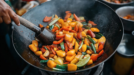 Colorful stir-fried vegetables including bell peppers and zucchini being cooked in a wok with a wooden spatula.