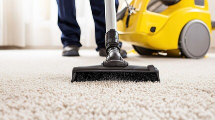 Obraz premium A person is vacuuming a carpet with a yellow vacuum cleaner, demonstrating effective cleaning and maintaining home hygiene.