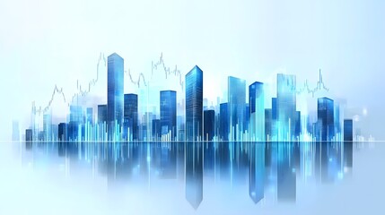 High-Tech Cityscape with Financial Analytics Overlay Featuring Skyscraper Skyline, Transparent Data Graphs in Blue Tones, Reflective and Futuristic Finance Theme in a Clean, Modern Visual Style
