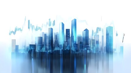 Obraz premium High-Tech Cityscape with Financial Analytics Overlay Featuring Skyscraper Skyline, Transparent Data Graphs in Blue Tones, Reflective and Futuristic Finance Theme in a Clean, Modern Visual Style