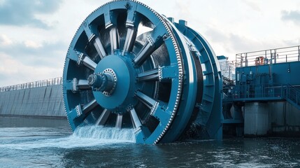 Large water turbine at an eco-friendly hydropower station, designed for high energy output and sustainability.