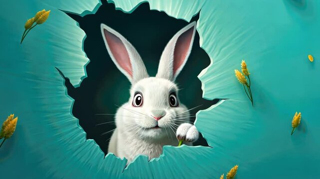 The surprised rabbit looks through a hole in wall. The concept of a happy Easter.