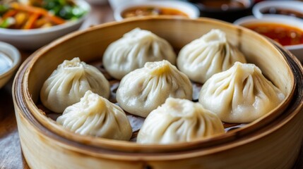 Steamed Buns in Bamboo Steamer with Dipping Sauces