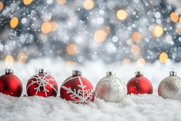 Modern White Christmas background with snowflakes and red balls. Greeting card, Happy New Year