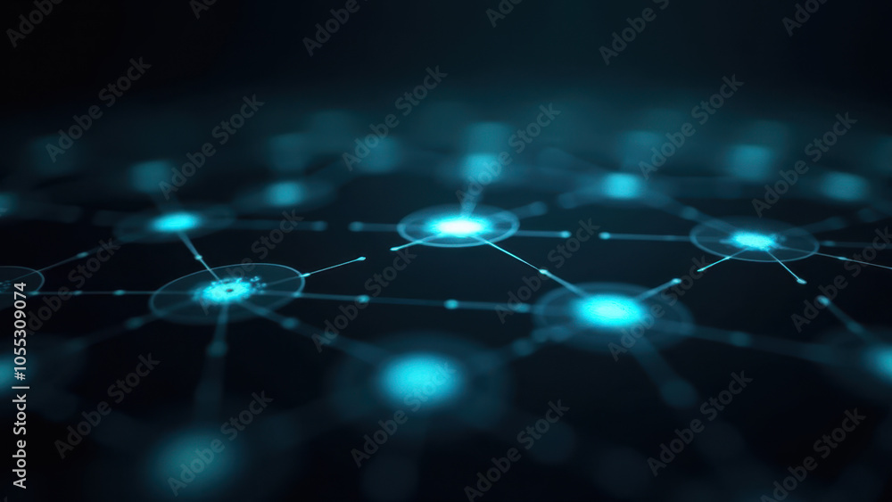 Poster abstract digital network with glowing blue lines and nodes.