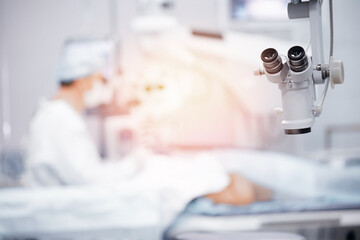 Lasik treatment, laser vision correction. Doctor performs operation replacement of lens in eye and...