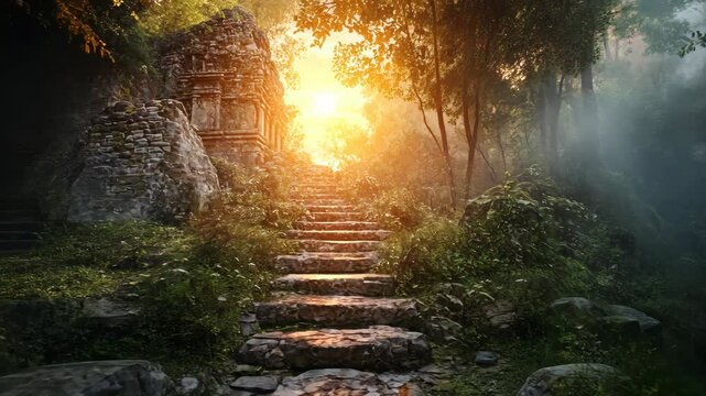 Stone steps lead up to a mysterious, ancient ruin in a dense jungle at sunset