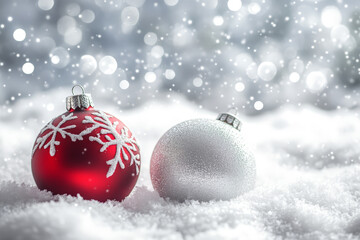 Modern White Christmas background with snowflakes and red balls. Greeting card, Happy New Year