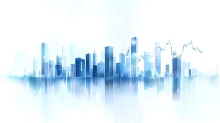 Fototapeta premium Urban Skyline with Abstract Data and Financial Growth Indicators Displayed in Soft Light with Blue and White Gradient, Representing Technological and Corporate Finance Visuals in a Minimalist Composit