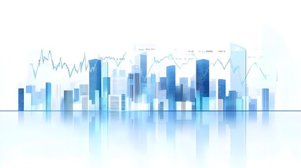 Urban Skyline with Abstract Data and Financial Growth Indicators Displayed in Soft Light with Blue and White Gradient, Representing Technological and Corporate Finance Visuals in a Minimalist Composit