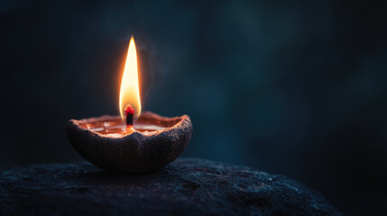Fototapeta premium close up of diya flame symbolizing light and hope, illuminating darkness with its warm glow. This serene image evokes feelings of peace and tranquility