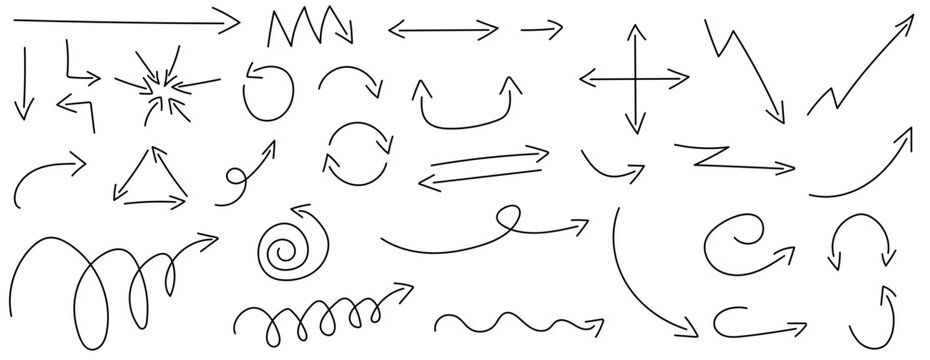 Collection of hand drawn arrows in different shapes such as: straight line, curve, circle, navigation, wave, zig zag in black marker color on transparent background. Isolated vector