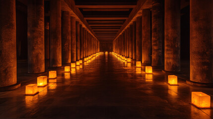 serene corridor illuminated by glowing lanterns, showcasing warm light reflecting on polished surfaces. atmosphere evokes tranquility and contemplation