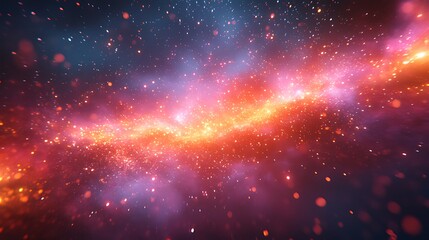 Abstract background with bright glowing particles and nebula in vibrant orange, red, pink and blue colors.