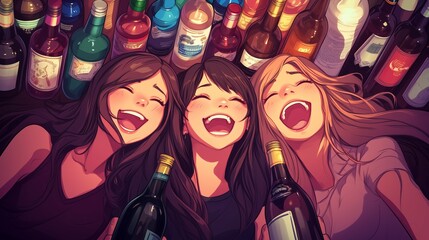 Obraz premium Three friends share laughter and wine during a lively evening gathering in a cozy space filled with bottles