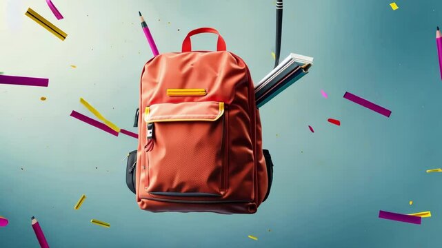 Vibrant orange backpack with colorful school supplies on blue background
