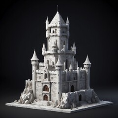 3D model of a medieval castle with battlements and towers made of white marble. Ancient fortress isolated on black background.