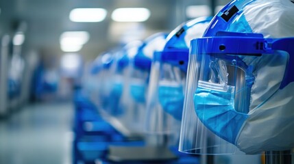 Medical-grade protective equipment production line, focused on masks and face shields for health and safety.