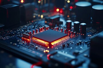 Obraz premium Close-up of a Microchip on a Circuit Board: The Heart of Modern Technology