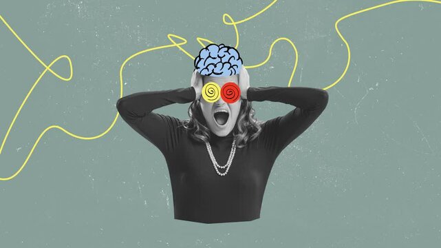 Conceptual design with young woman holding head, stress, symbolizing mental overload. Overwhelming. Stop motion, animation. Concept of psychology, surrealism, deadlines, burn out. Retro style