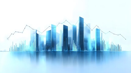 Fototapeta premium Modern Skyscrapers with Economic Growth Chart Overlays Representing Digital Finance and Analytics in Futuristic, Minimalist Blue and White Cityscape, Highlighting Business and Economic Growth Concepts