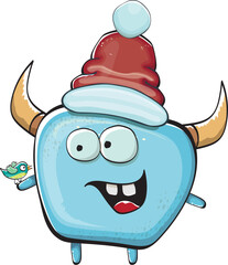 Vector cartoon funky blue monster with Santa Claus red hat isolated on white background. Funny and cute Childrens Merry Christmas greeting card with funny monster elf Santa Claus character.