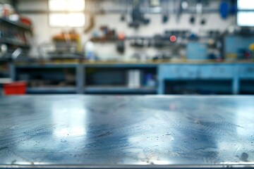 Industrial Metal Tabletop with Blurred Tools Background