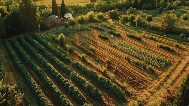 Modern organic farming methods displayed on a rural farm, with efficient irrigation and crop rotation systems.