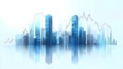Fototapeta premium Modern Skyscrapers with Economic Growth Chart Overlays Representing Digital Finance and Analytics in Futuristic, Minimalist Blue and White Cityscape, Highlighting Business and Economic Growth Concepts