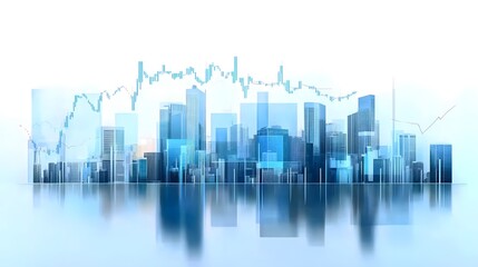 Modern Skyscrapers with Economic Growth Chart Overlays Representing Digital Finance and Analytics in Futuristic, Minimalist Blue and White Cityscape, Highlighting Business and Economic Growth Concepts