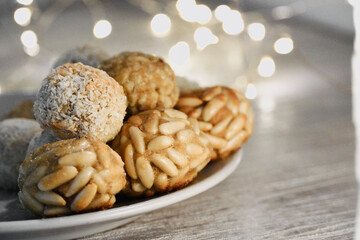 Panallets Dessert made with almonds, egg, sugar, pine nuts, traditional sweet from Catalonia, Spain; celebration 1 November, All Saints' Day.