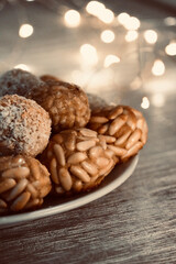 Panallets Dessert made with almonds, egg, sugar, pine nuts, traditional sweet from Catalonia, Spain; celebration 1 November, All Saints' Day.