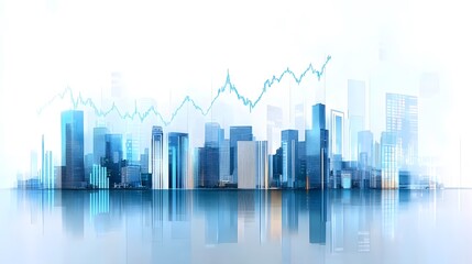 Obraz premium Digital Urban Economy Concept Showcasing City Skyline with Financial Data Visualizations and Progress Indicators in Futuristic Blue Transparency, Clean Polished Architectural Style for Modern Economy 