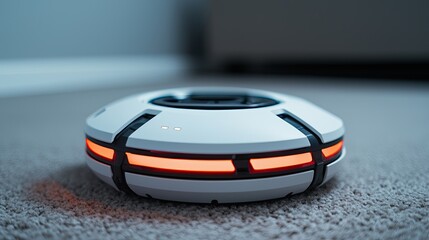 A sleek, futuristic robotic device resting on a carpet, featuring a glowing orange light, suggesting advanced technology for home automation.